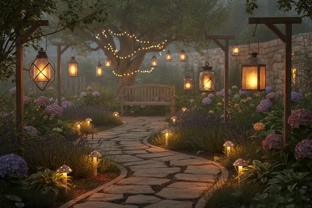 Cozy evening garden path with warm solar lanterns, hanging lights, and flower borders