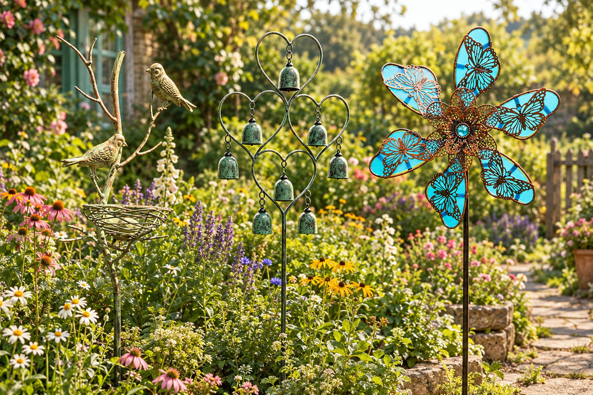 Collection of rustic garden stakes with bird and nest, heart chime, and butterfly spinner in a cottage flower bed