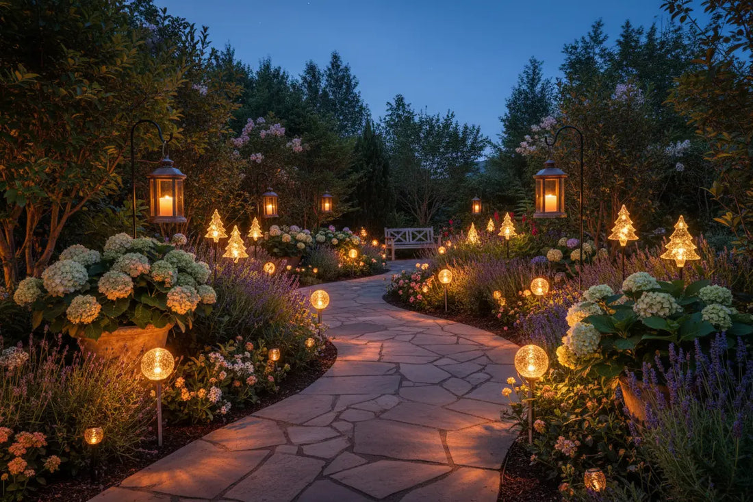 Solar garden lights glowing along a winding path surrounded by flowers and rustic planters at night
