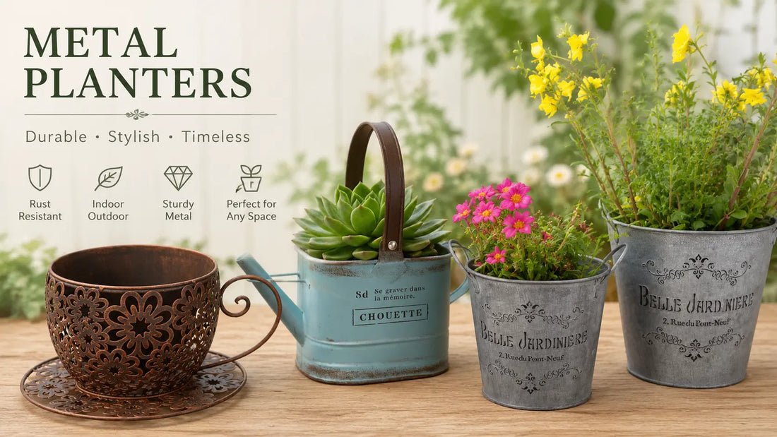 Vintage metal planters filled with flowers in a French country garden