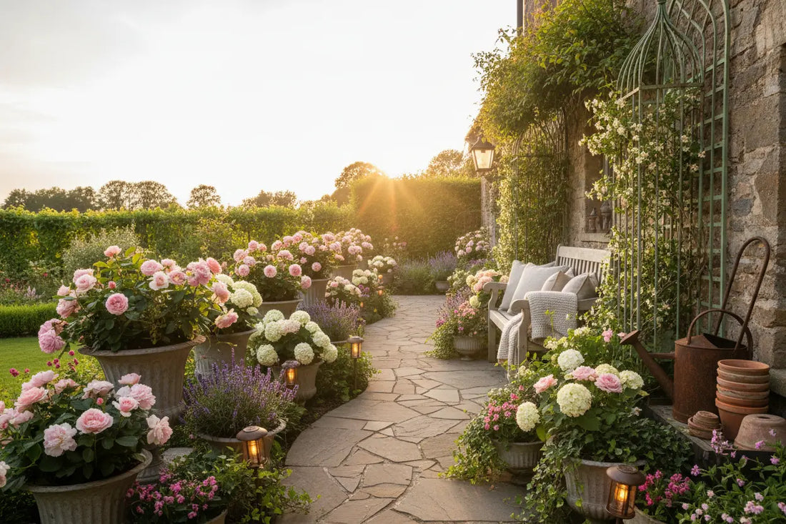 Vintage garden path with flowering planters, warm solar lights, and rustic outdoor seating