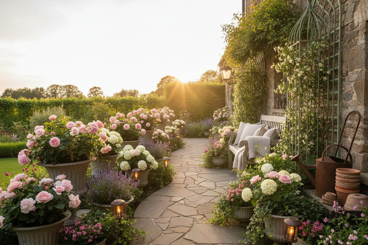 Vintage garden path with flowering planters, warm solar lights, and rustic outdoor seating