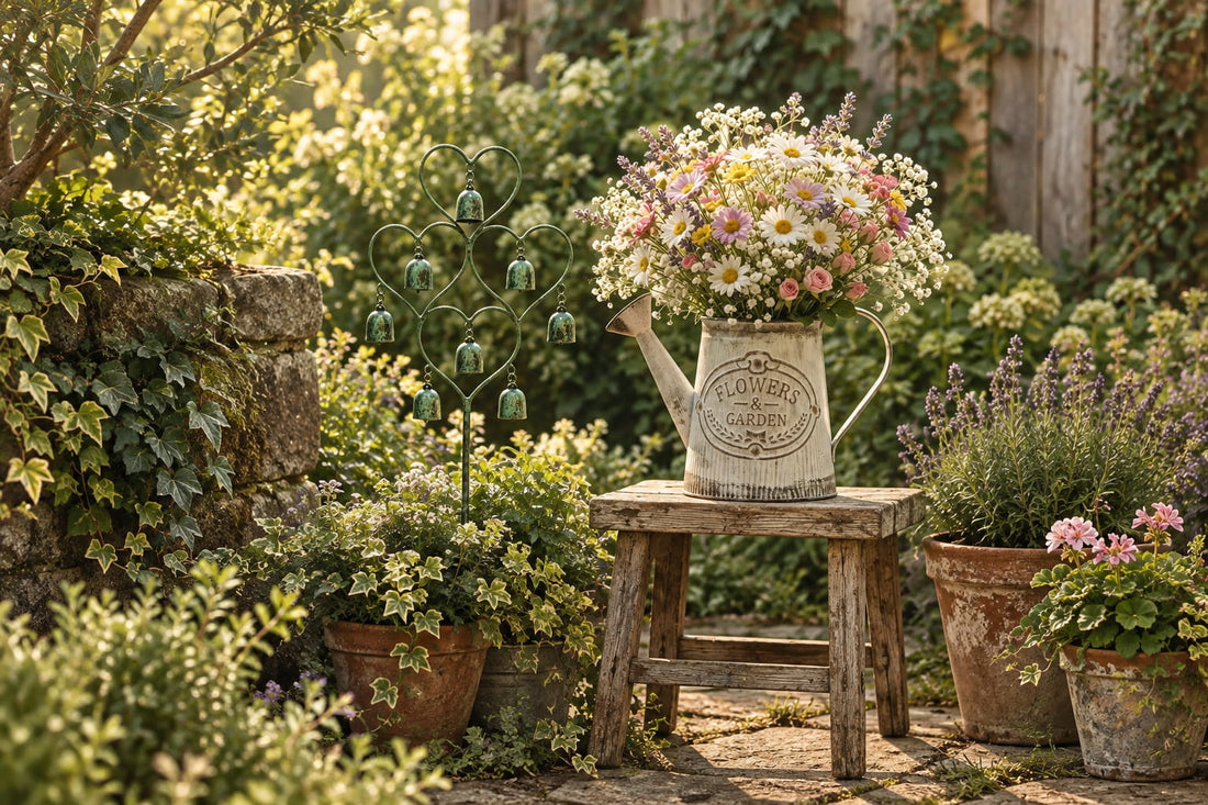 Vintage tuinhoek met metalen gietervaas vol bloemen, groene hartbelprikker en verweerde potten