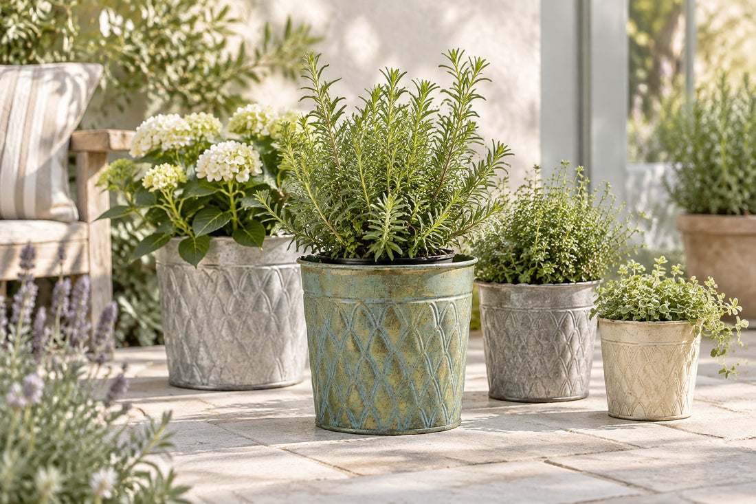 Vintage metalen pot met kopergroene patina en rozemarijn tussen plantenpotten op zonnig terras
