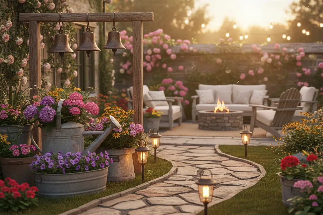 Charmante rustieke cottagetuin met verweerde vintage potten, lichtgevende zonnepadlampen en hangbellen