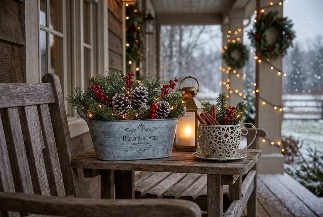 Rustic holiday outdoor table decor featuring French vintage galvanized oval planter and metal teacup planter with pine boughs and winter berries