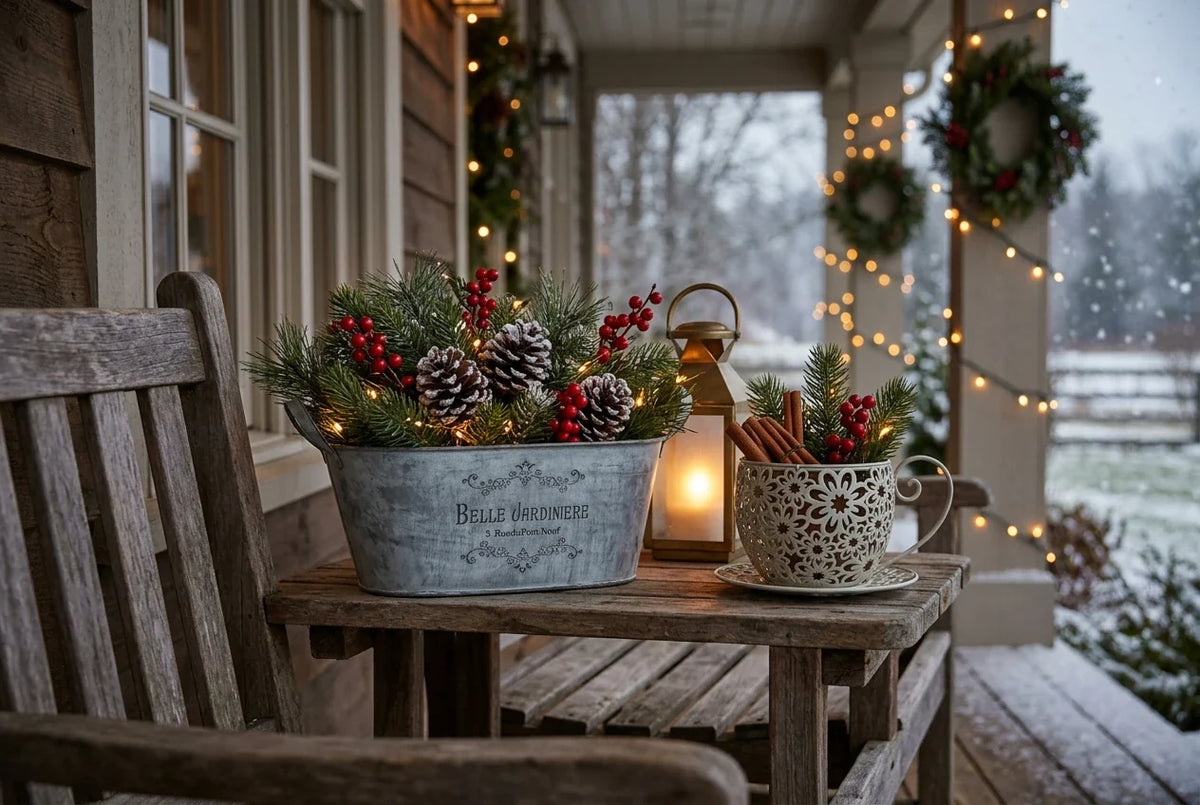 Rustic holiday outdoor table decor featuring French vintage galvanized oval planter and metal teacup planter with pine boughs and winter berries