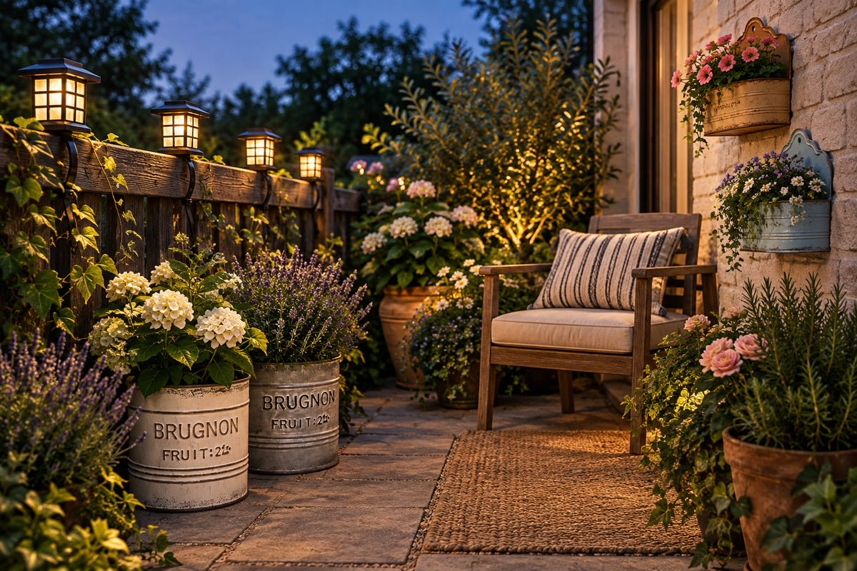 Cozy small patio garden at dusk with vintage metal planters, wall planters, a chair, and warm solar railing lights