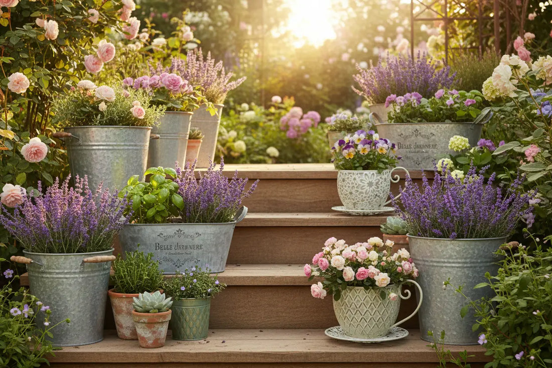 Vintage metal planters, galvanized tubs, and teacup cachepots with flowers on wooden steps in a cottage garden