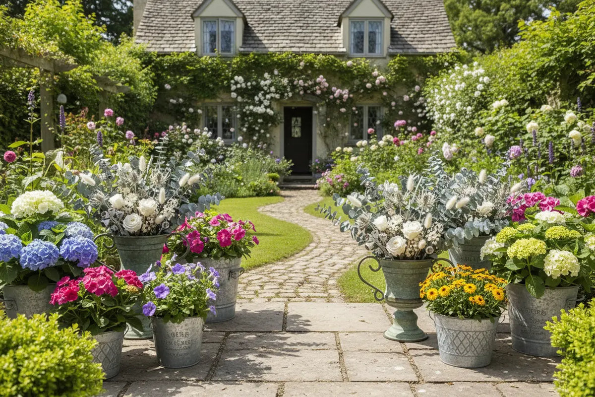 Rustic metal garden planters, pedestal urns, and galvanized flower buckets lining a cottage pathway