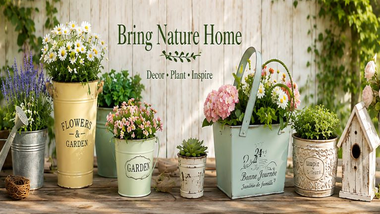 A styled garden-themed banner featuring various decorative metal planters, watering cans, a birdhouse, and potted flowers,The text 'Bring Nature Home Decor • Plant • Inspire' is displayed in the center.