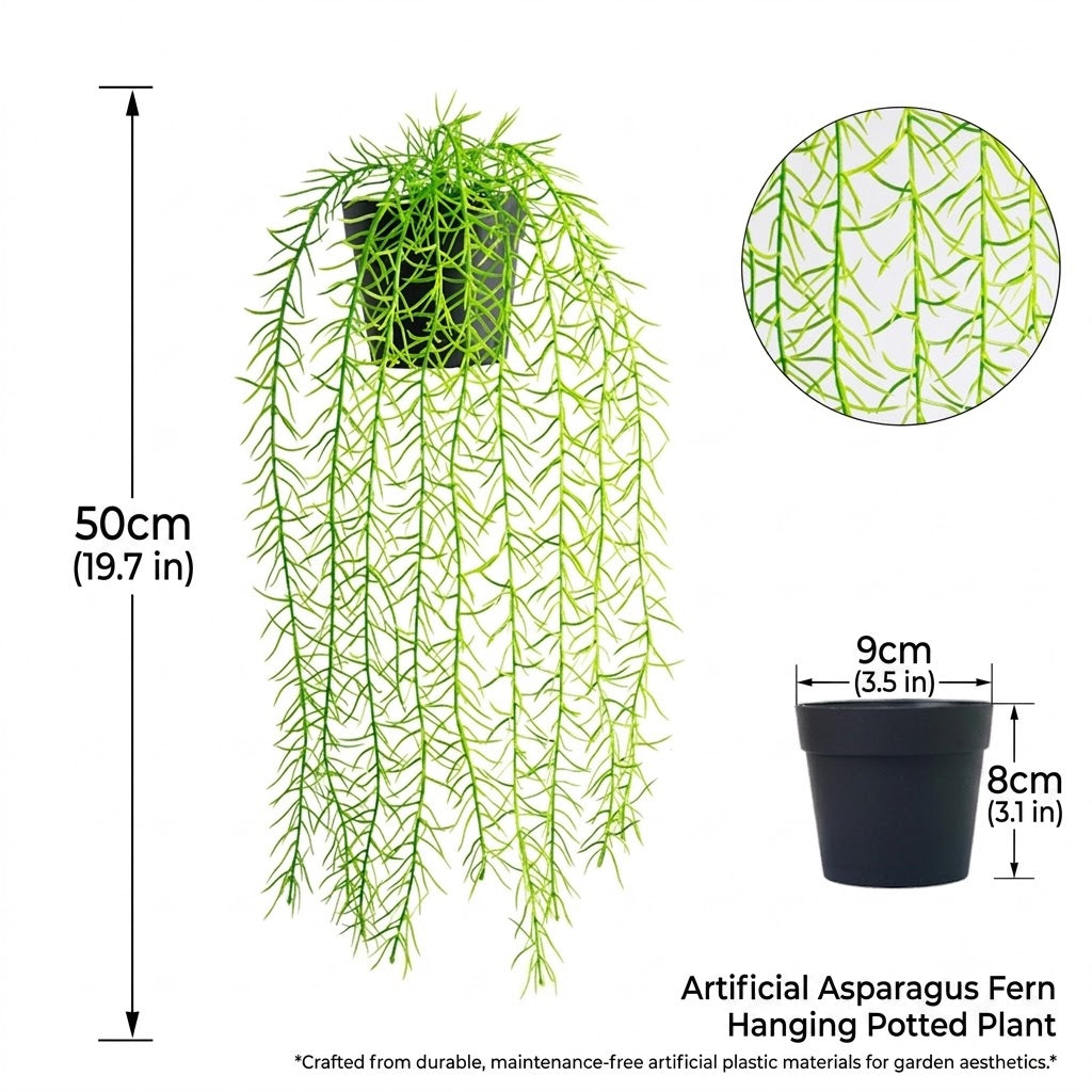 Artificial hanging asparagus fern in a black pot with cascading green stems