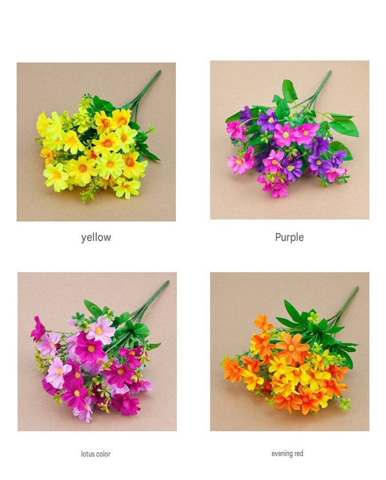 Faux daisy stem color swatches in yellow, purple, lotus, and evening red