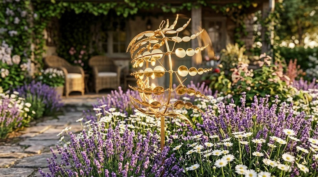 Kinetic 3D Metal Wind Spinner – Rotating Sunburst Garden Stake Sculpture (36" Tall)