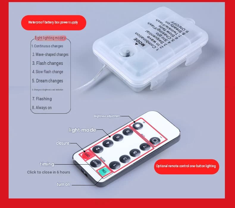 Mando a distancia LED con forma de telaraña, botones y módulo de batería/alimentación.