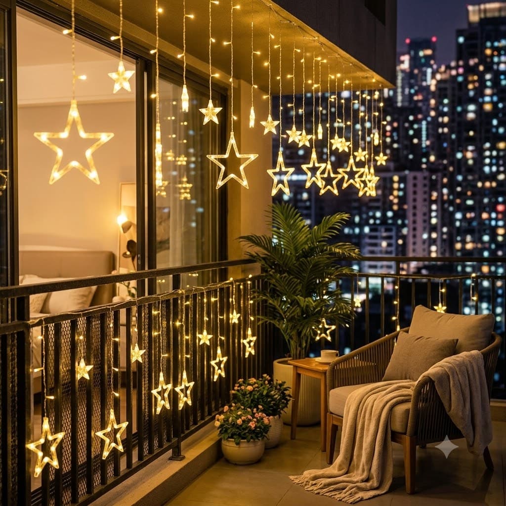 Celestial Solar Curtain Lights – Waterproof Star & Moon Outdoor Fairy Lights with Remote (11.5 ft)