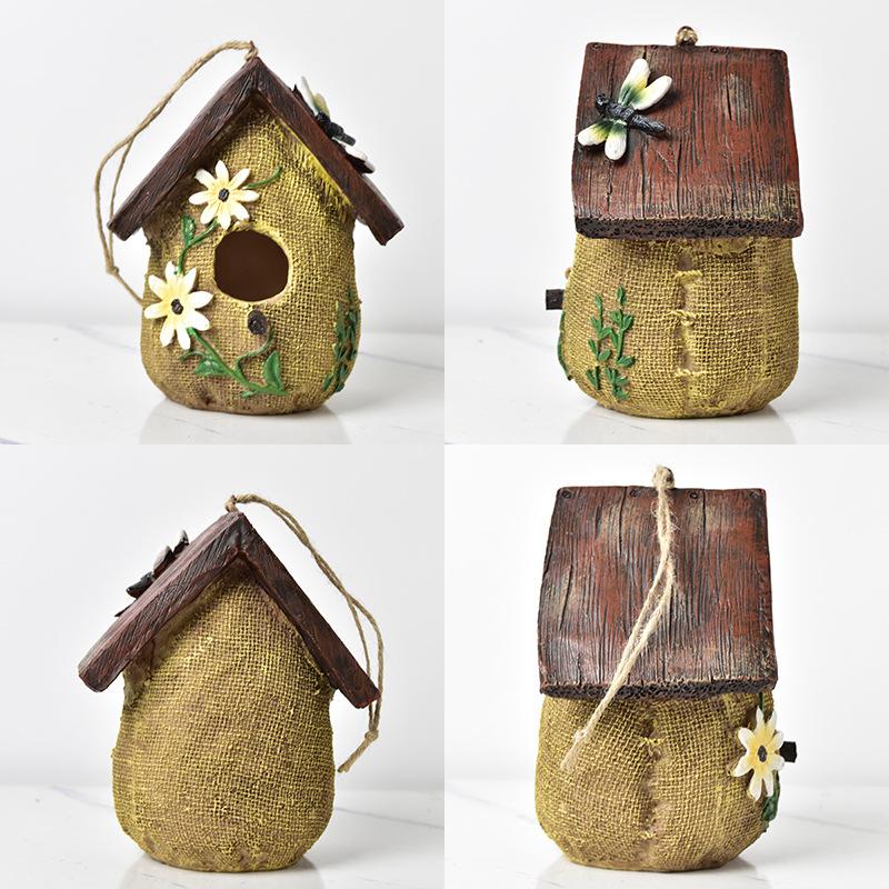 Whimsical Woodland Birdhouse Ornament – Hand-Painted Rustic Hanging Garden Decor