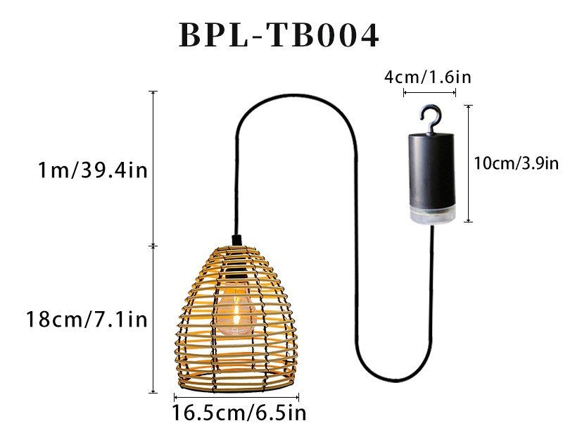 Rattan pendant lantern light with dimensions, hanging hook, and black cable