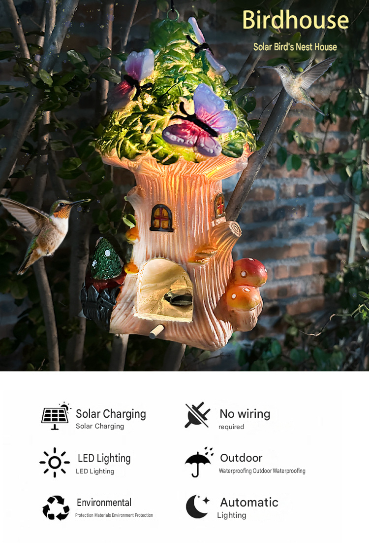 Solar Fairy Treehouse & Butterfly Lantern – Hand-Painted Glowing Woodland Garden Decor