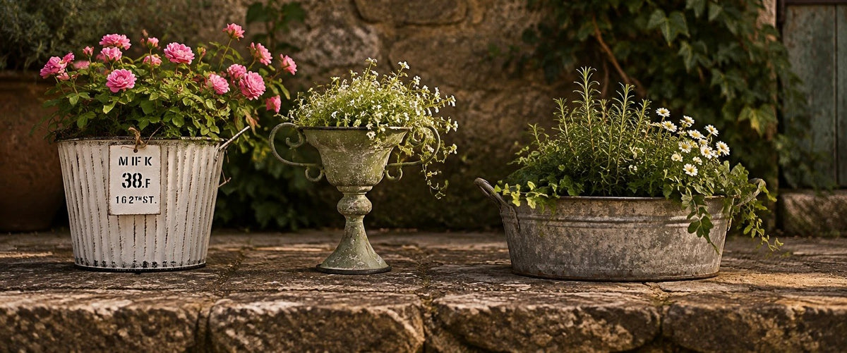 Tre rustika krukor, en vit galvaniserad hink med rosa blommor, en liten grön piedestalurna med släpande vita blommor och ett galvaniserat metallkärl med gröna och vita örter och små vita blommor.