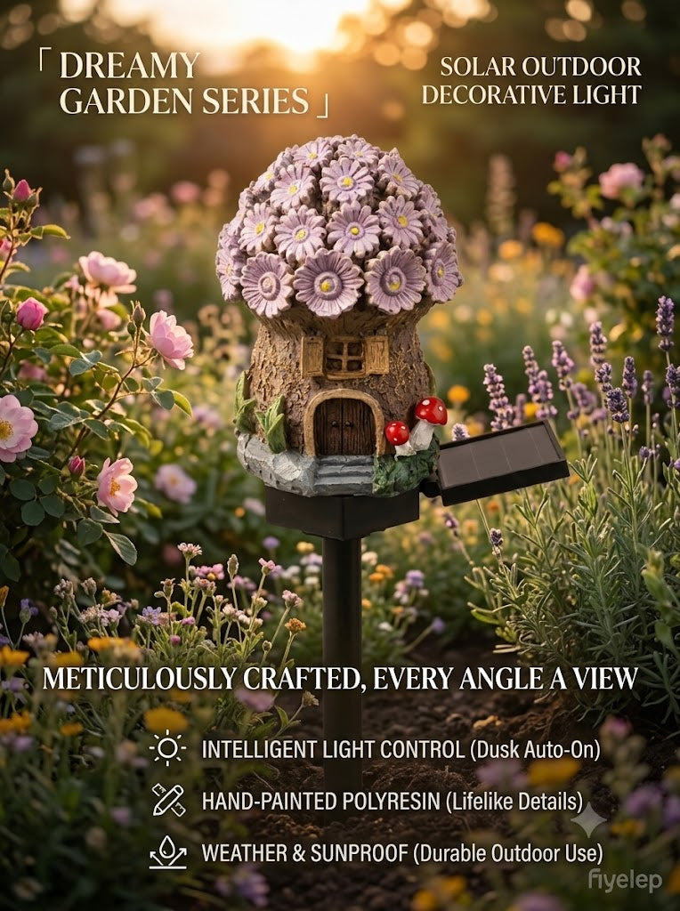 Purple flower-covered fairy house solar garden stake with lit door and side solar panel