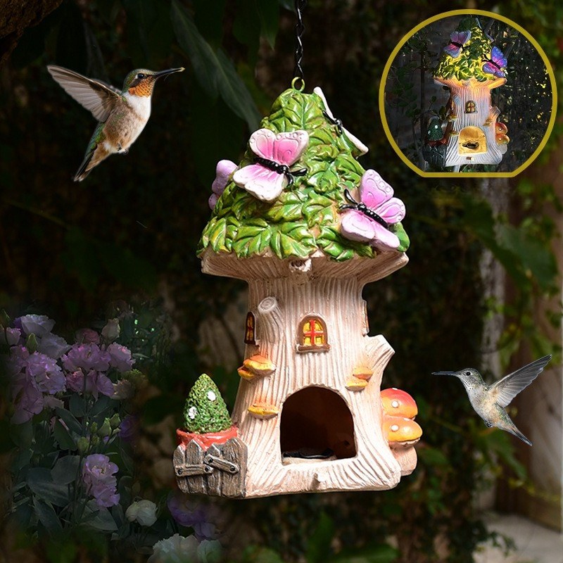 Solar Fairy Treehouse & Butterfly Lantern – Hand-Painted Glowing Woodland Garden Decor