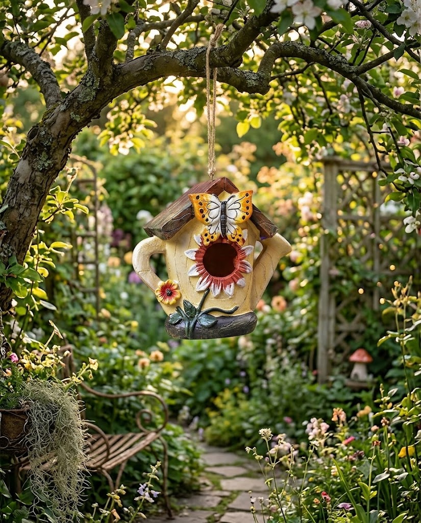 Whimsical Woodland Birdhouse Ornament – Hand-Painted Rustic Hanging Garden Decor
