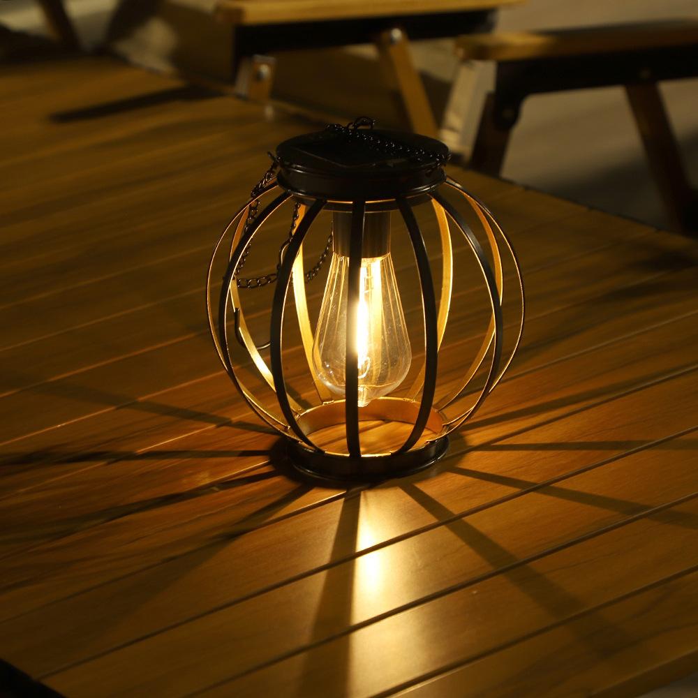 Spherical Solar Hanging Lantern – Rustic Iron Cage Outdoor Light with Vintage Edison Bulb