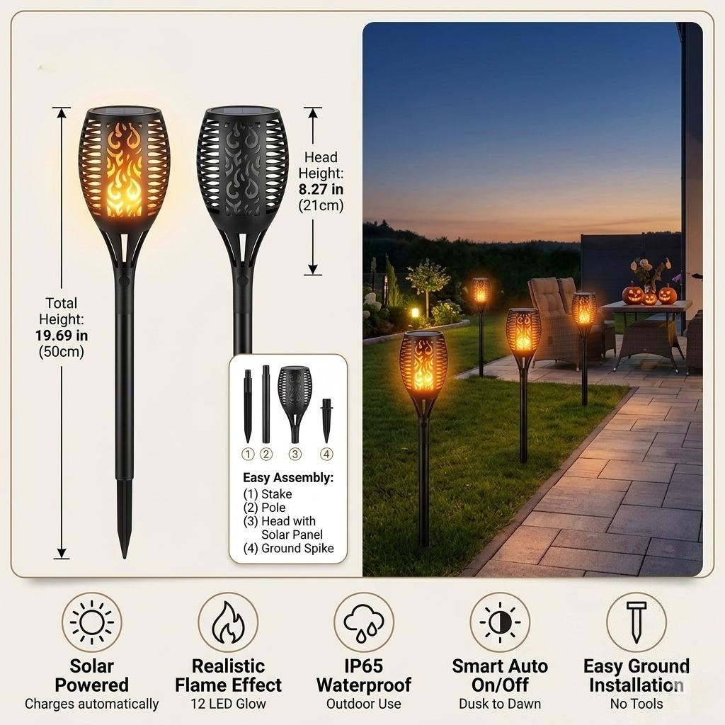 Solar Flickering Flame Torch Lights – Waterproof LED Garden Pathway Stakes