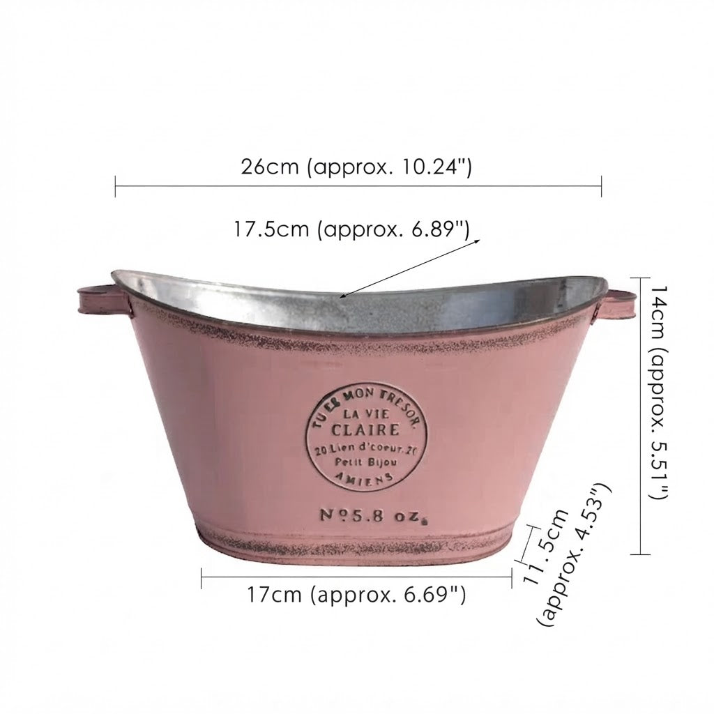 French Country Vintage Planter – Rustic "La Vie Claire" Oval Metal Tub (4 Colors)