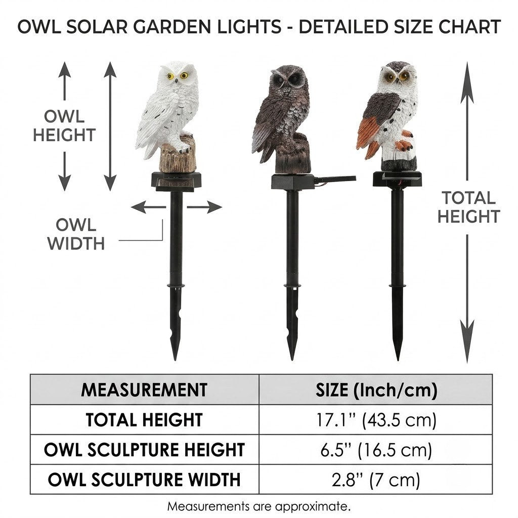 Size chart for owl solar garden lights showing owl heights and measurements diagram