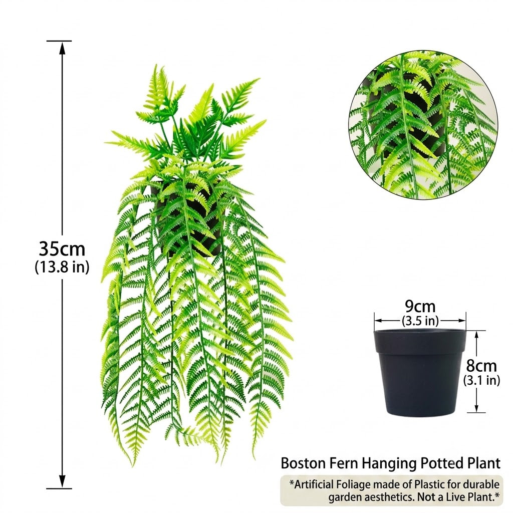 Artificial hanging Boston fern in a black pot with cascading green fronds
