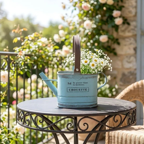 Blue metal watering can planter with brown handle, holding small white flowers