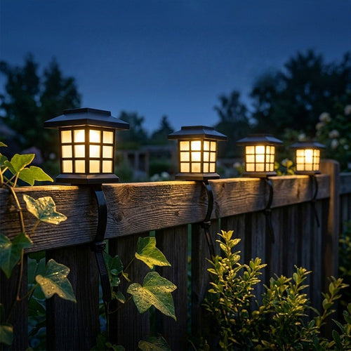 Warm-white solar railing lanterns (set of six), black metal, square frosted panels