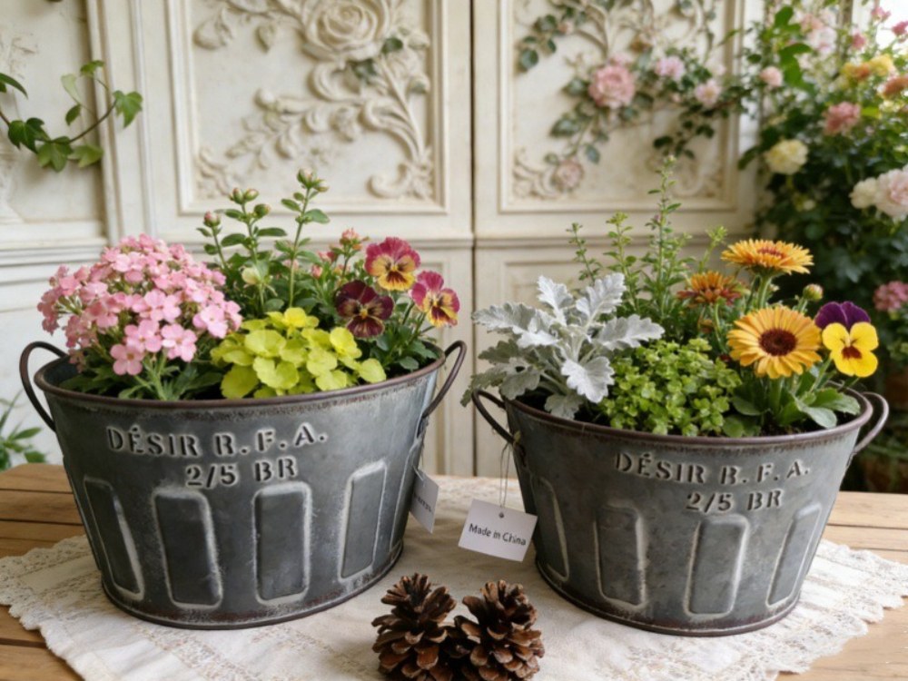 Sæt med 2 galvaniserede plantespande med håndtag, fyldt med blomster