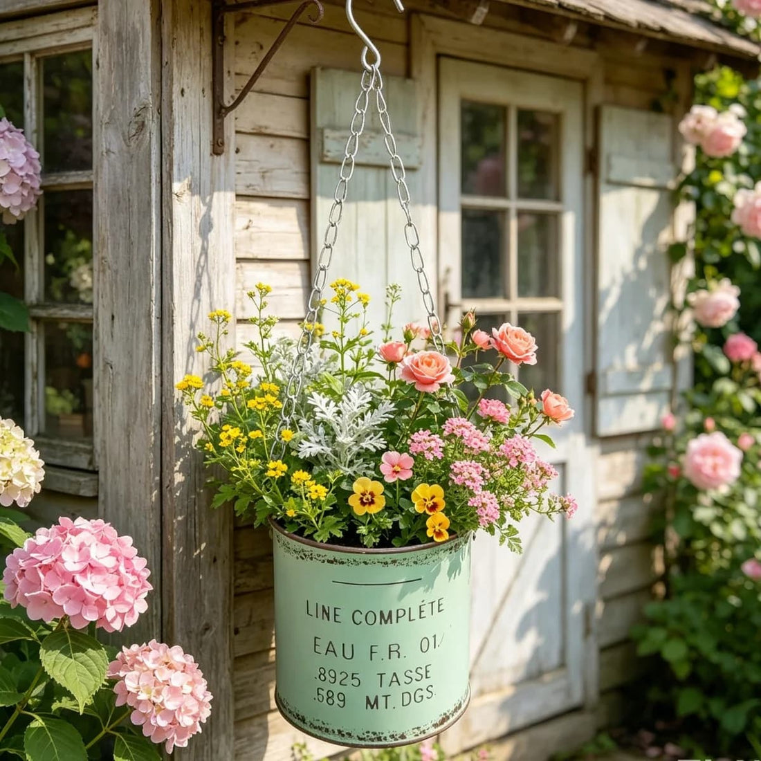 Metalhængende plantekasse med sølvkæde fyldt med farverige blomster