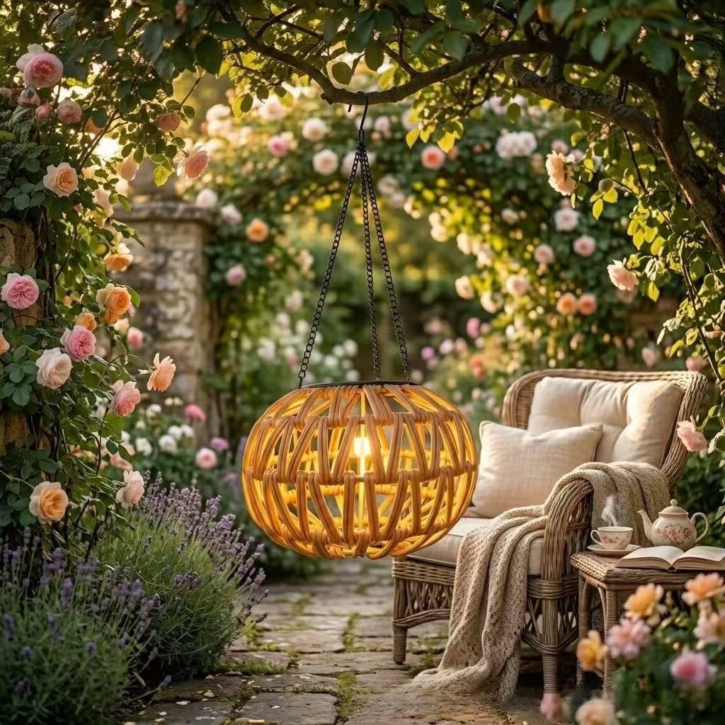 Woven rattan globe lantern with hanging chain, warm light inside