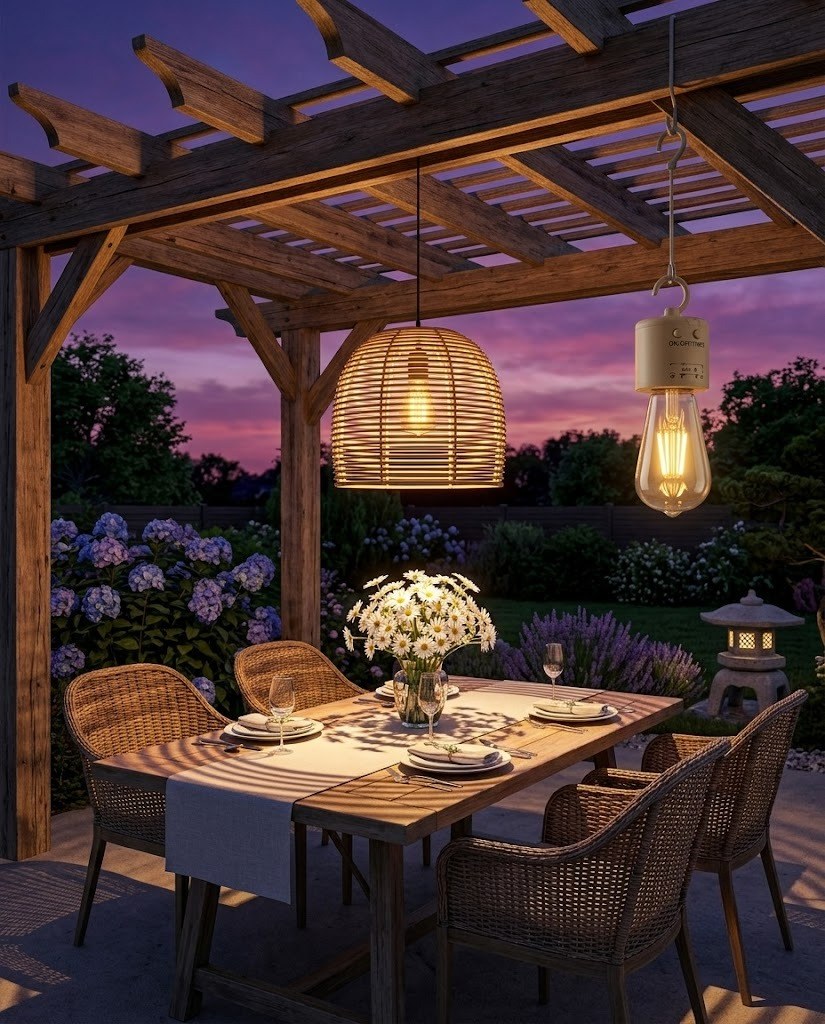 Rattan pendant lantern light under a wooden outdoor pergola