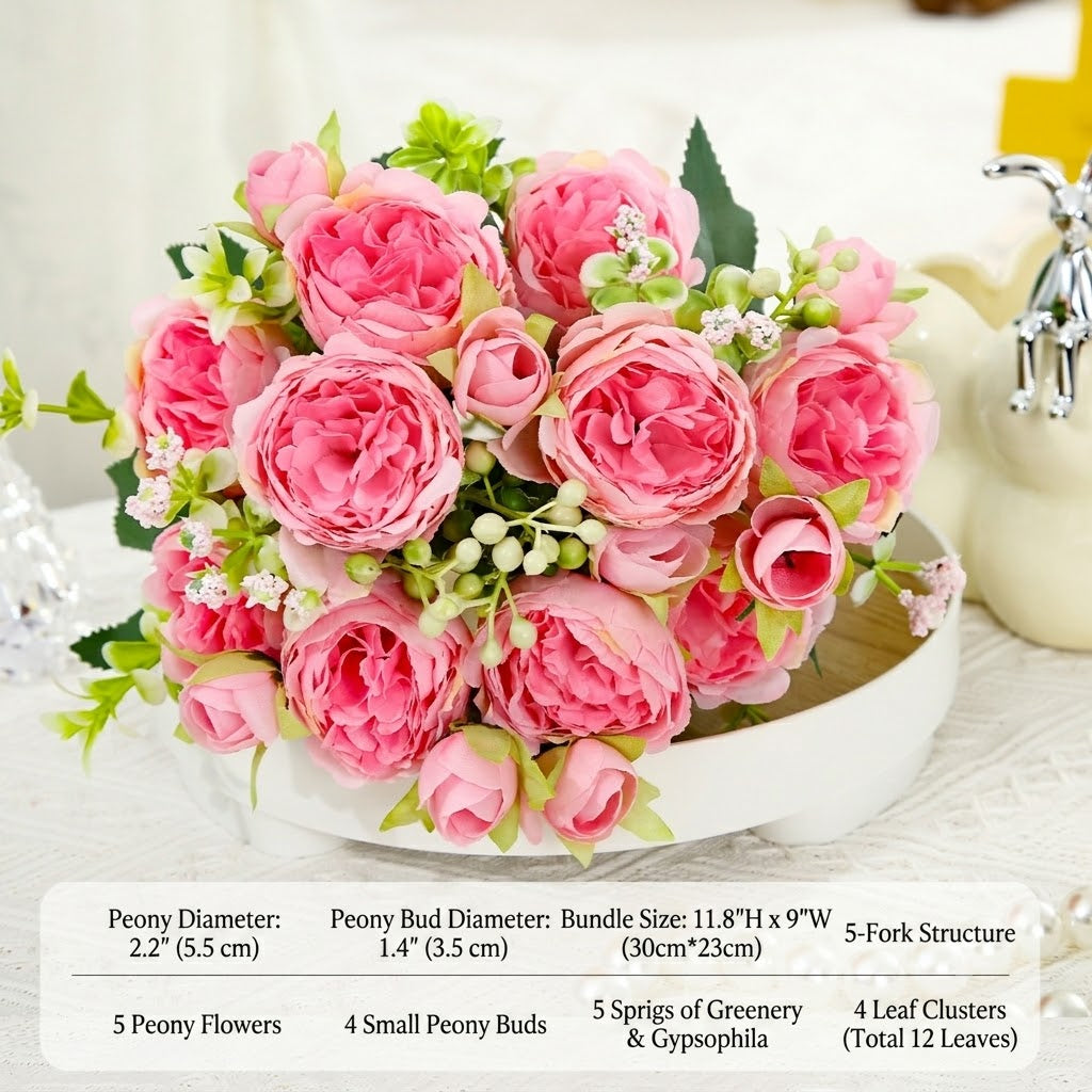 Pink faux peony bouquet on a white pedestal bowl with small green filler blossoms.