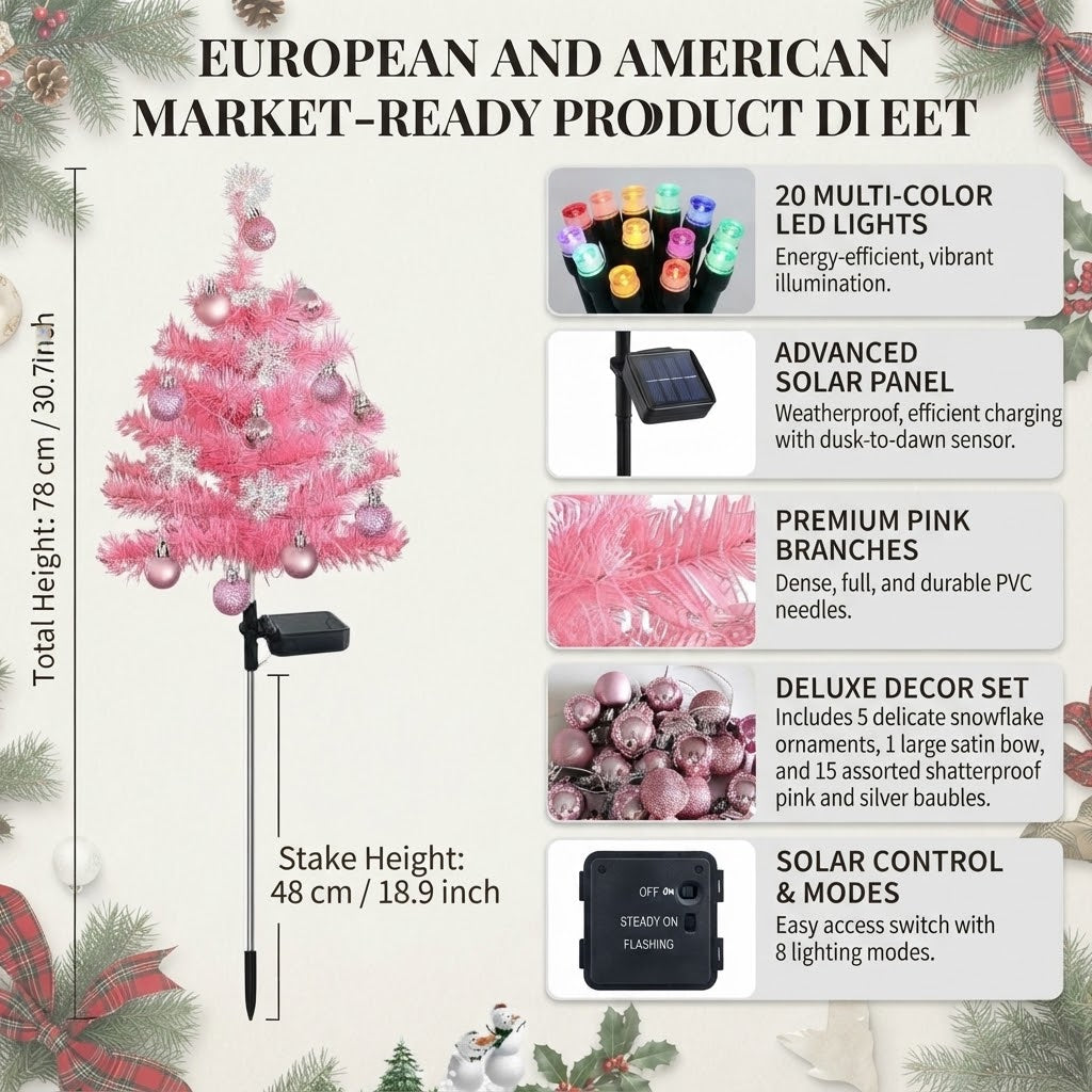 Pre-Lit Pink Solar Christmas Tree Pathway Stakes – Coquette Holiday Yard Decor with Ornaments (Set of 2)