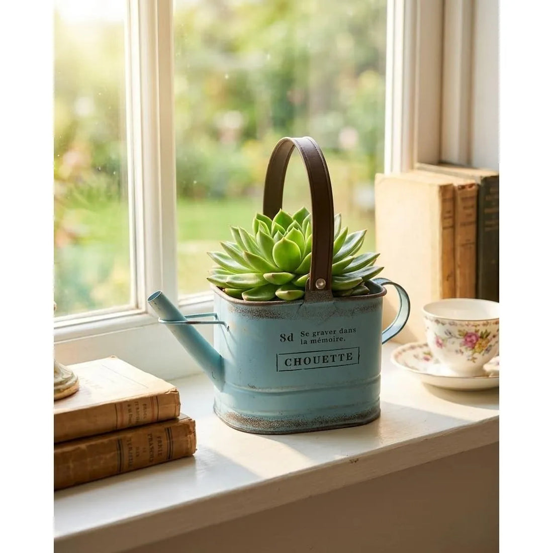 Blue metal watering can planter with brown handle, holding a small green succulent