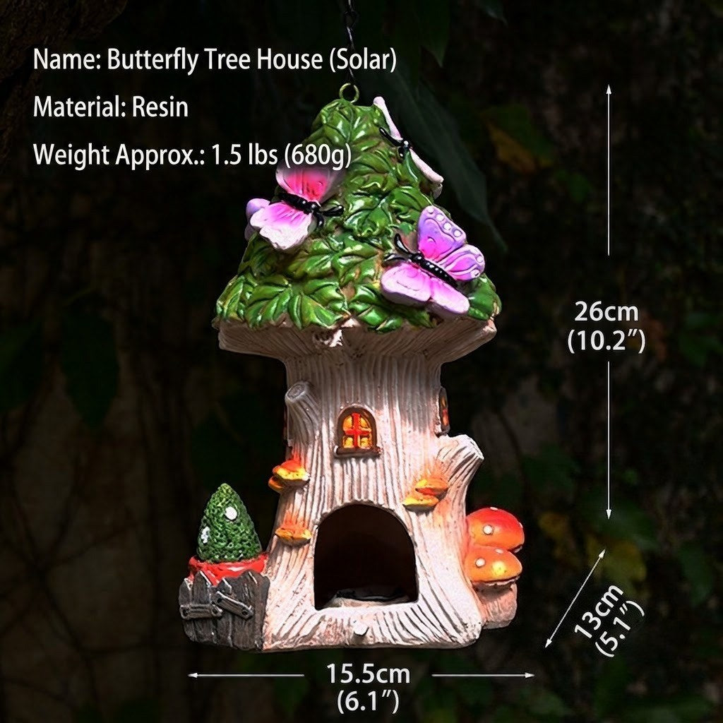 Solar Fairy Treehouse & Butterfly Lantern – Hand-Painted Glowing Woodland Garden Decor