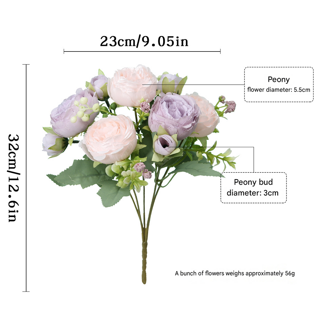 Faux peony bouquet with pink and cream flowers on a branching stem, with green leaves.