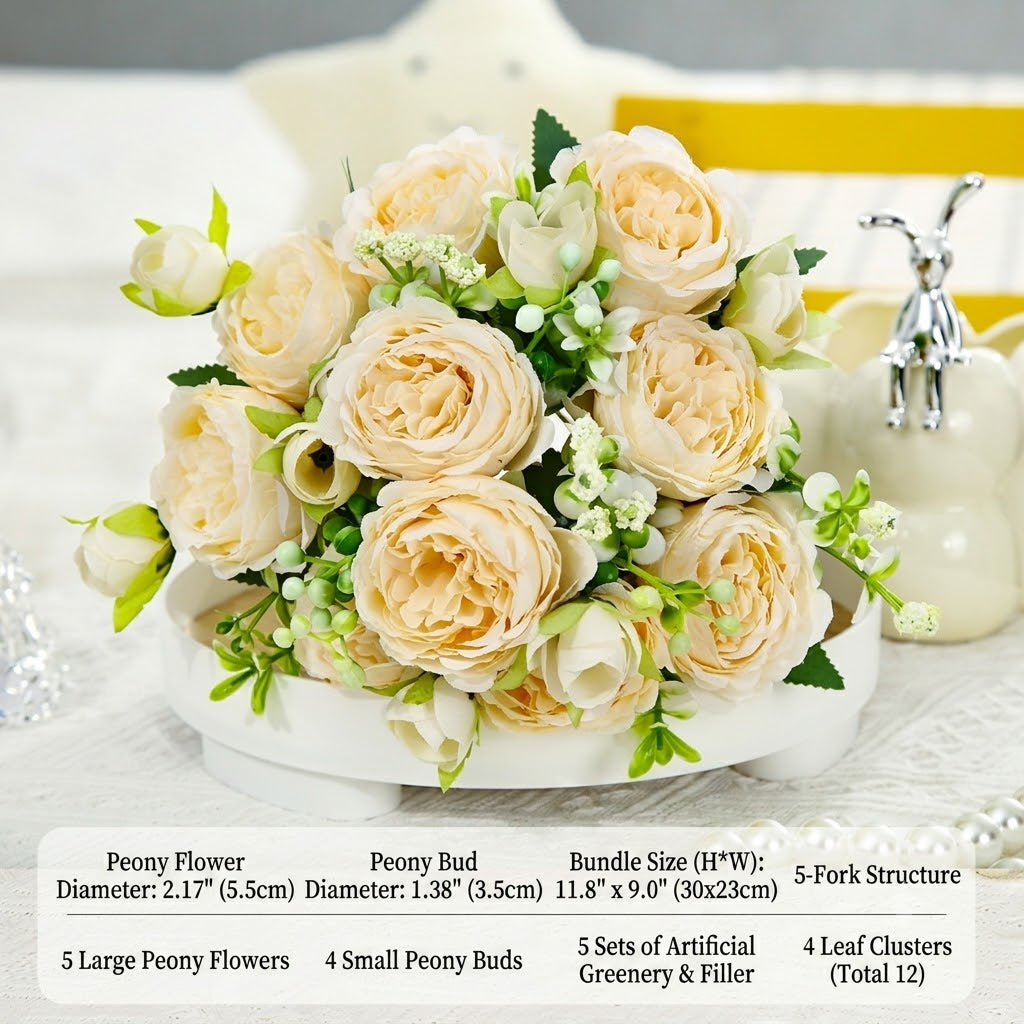 Ivory faux peony bouquet with pale green filler in a white pedestal bowl.
