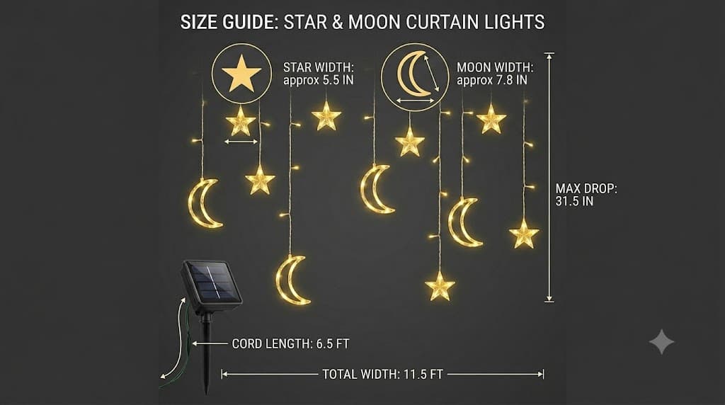 Celestial Solar Curtain Lights – Waterproof Star & Moon Outdoor Fairy Lights with Remote (11.5 ft)