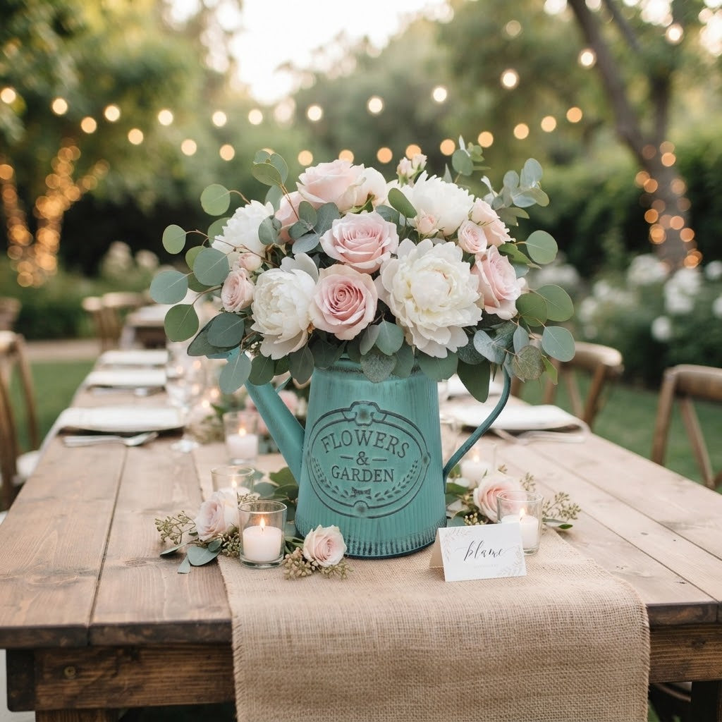 Teal metal watering can vase with 'Flowers & Garden' emblem, filled with pink and white roses.