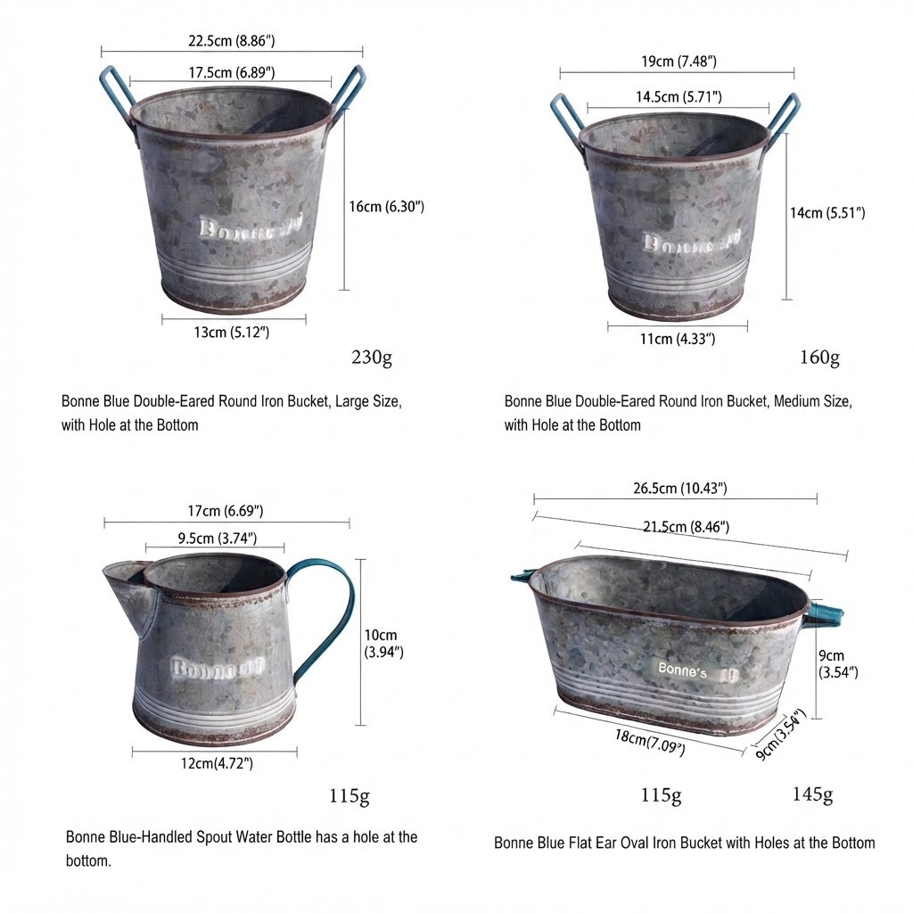 Vintage French Country Galvanized Planter – Distressed "Bonne" Metal Pot with Blue Handles (4 Styles)
