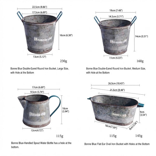 Vintage French Country Galvanized Planter – Distressed "Bonne" Metal Pot with Blue Handles (4 Styles)