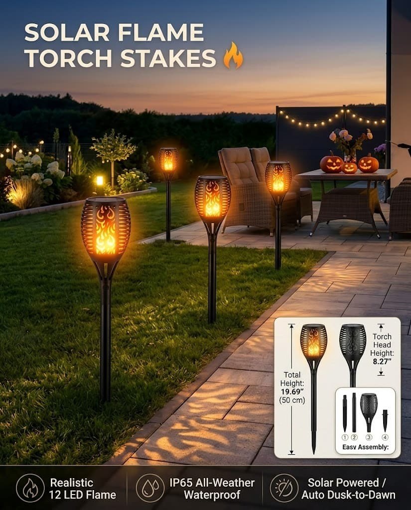 Solar Flickering Flame Torch Lights – Waterproof LED Garden Pathway Stakes