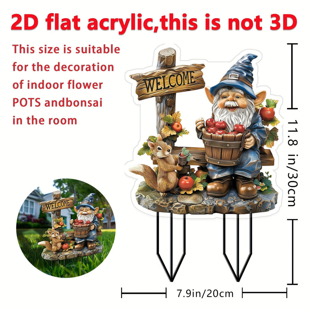 Whimsical Gnome & Squirrel Welcome Sign – 2D Flat Acrylic Garden Stake